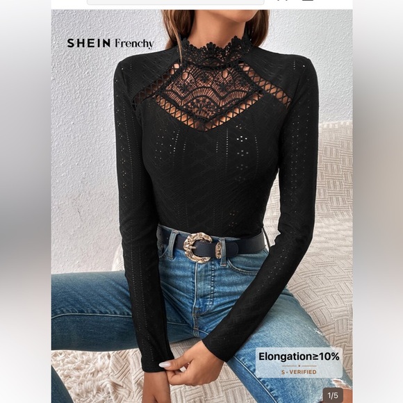 SHEIN Tops - SHEIN bodysuit large eyelet Black Lace Long Sleeve Top frenchy